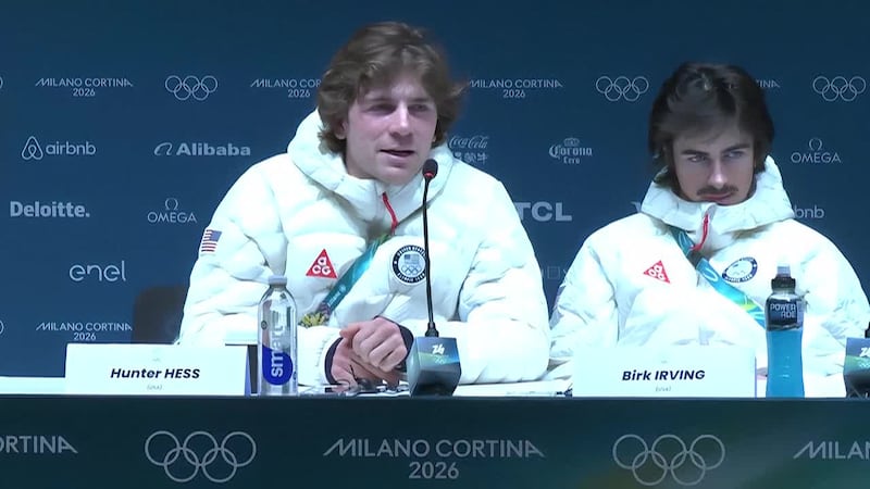 Olympic skier Hunter Hess speaks at a press conference from the games