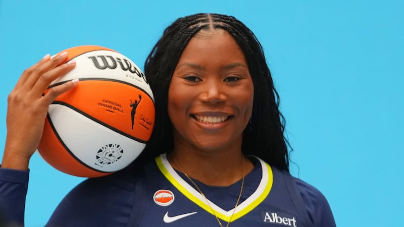 Dallas Wings' forward Amy Okonkwo participates in the team's WNBA basketball media day,...