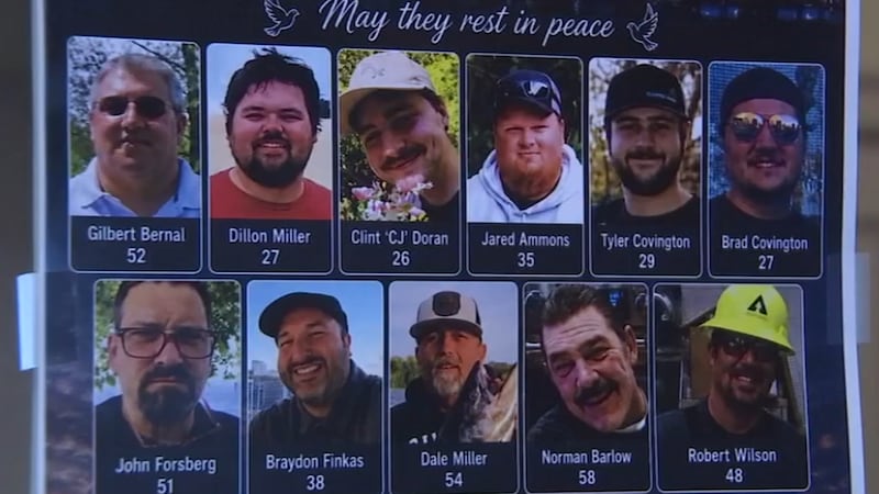 Banner at benefit concert showing 11 victims of chemical vat implosion in Longview