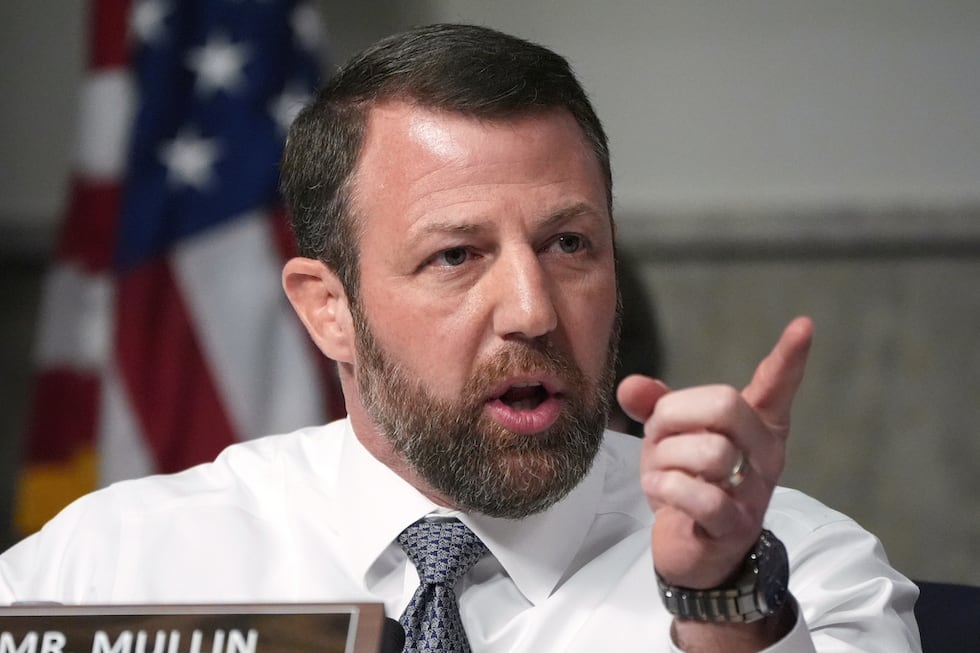FILE - Sen. Markwayne Mullin, R-Okla. speaks during a Senate Armed Services Committee hearing,...