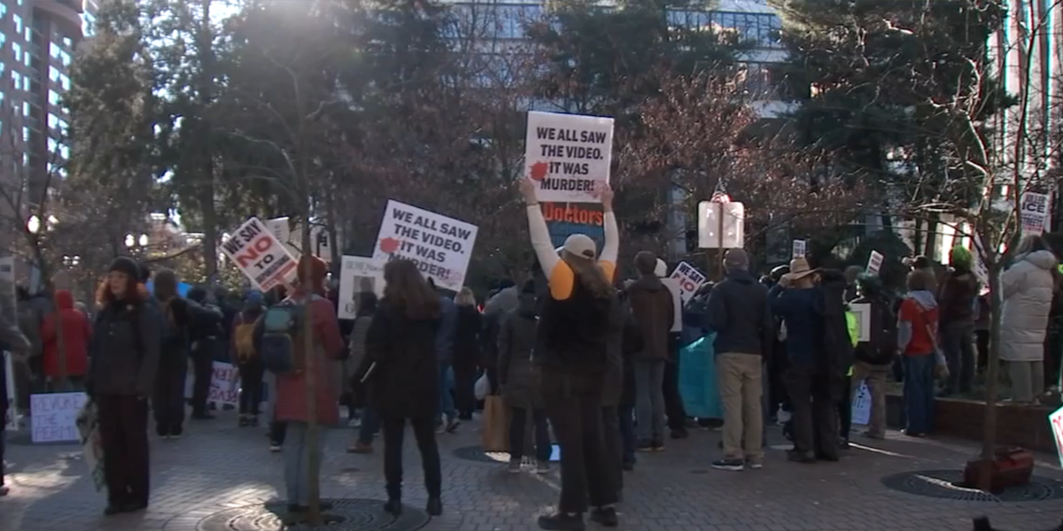 Portland Rioty People gather at downtown plaza to protest Trump, ICE in Portland