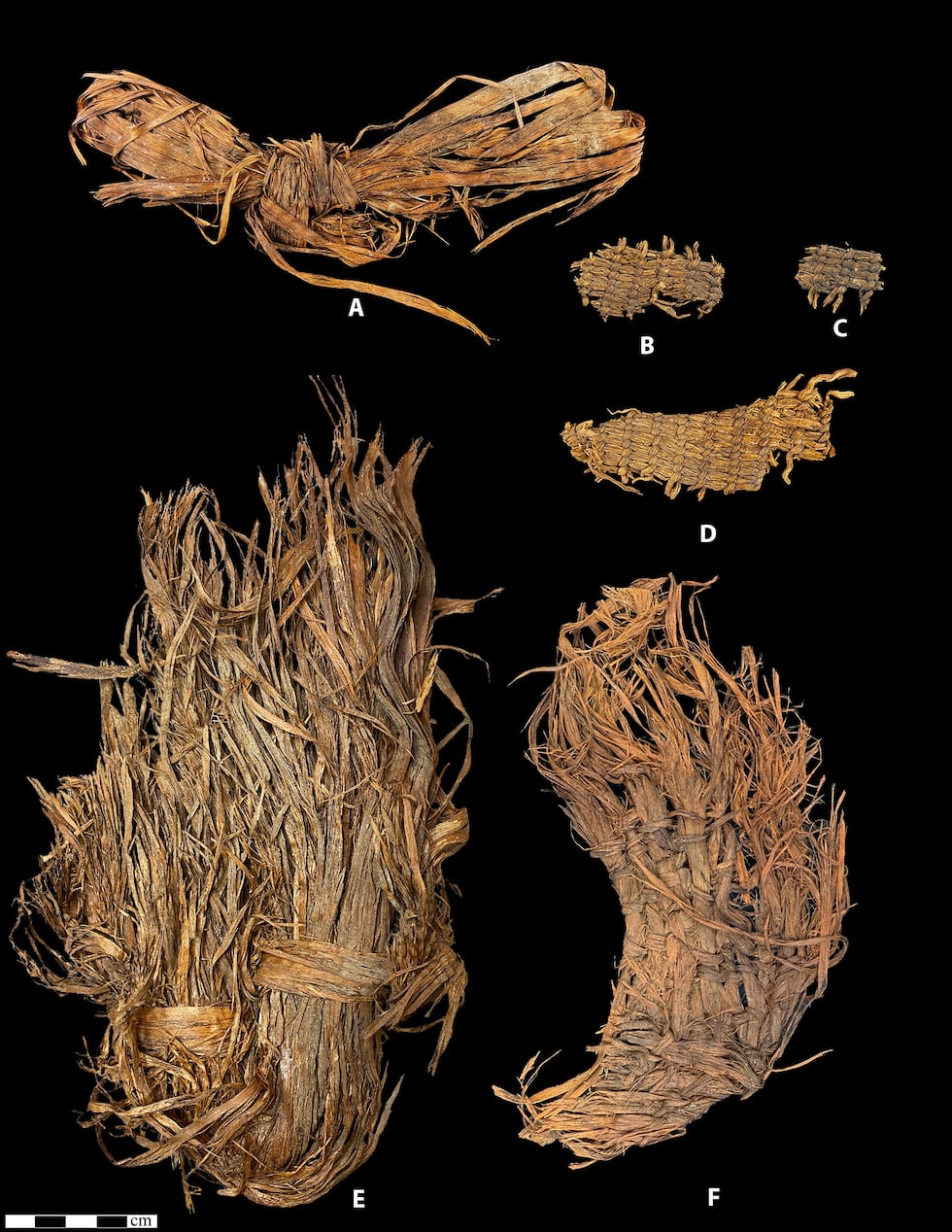 Scraps of woven materials, possibly part of clothing or footwear, found in in Oregon cave have...