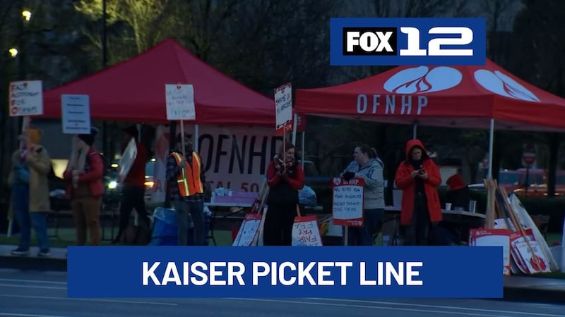 Healthcare workers and union members picketed outside Kaiser Permanente’s Sunnyside facility...